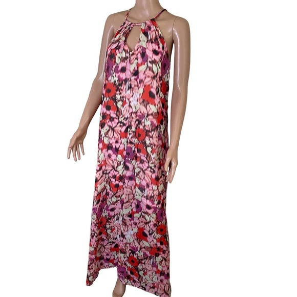Maggy London dress Watercolor Floral pink Maxi lightweight halter neckline SZ 6 - Picture 2 of 8